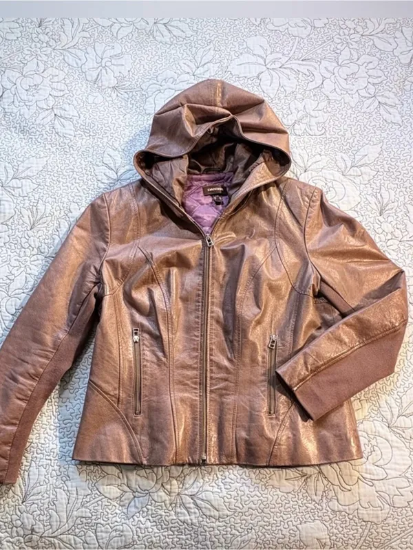 💥Danier Genuine Leather Hooded Moto Zip Up Jacket Brown Quilted Lining Sz L❤️ - Image 8