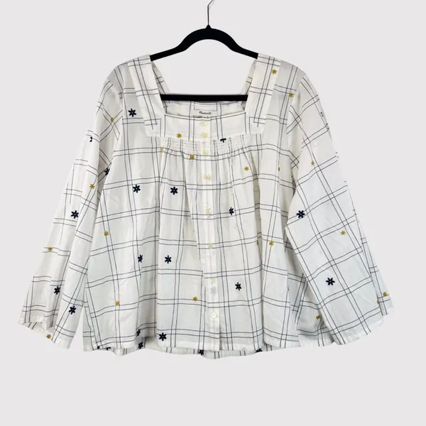 NWT Madewell Womens Top White Embroidered Windowpane Square Neck Button Down 2XL - Image 3