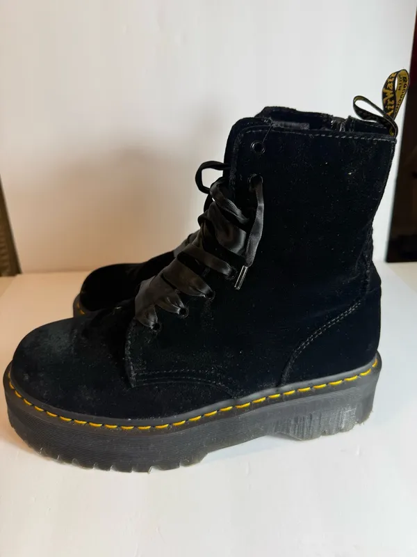 Dr. Martens Jadon‎ Black Velvet Platform Boots Satin Ribbon Laces Women’s US10 - Image 3