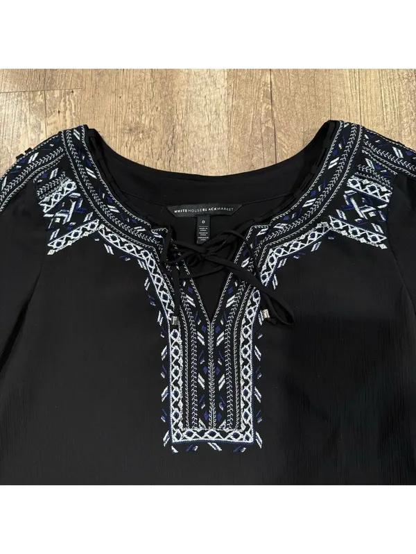 WHITE HOUSE BLACK MARKET 0 Black Embroidered Neck Tie Peasant Long Sleeve Top - Image 4