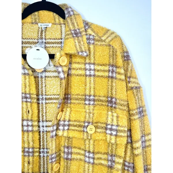 En Crème Women's‎ Small Sherpa Shacket Jacket Plaid Oversized Mustard Streetwear - Image 6
