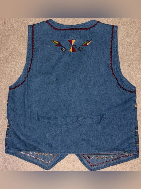 Vtg Asapo Western 100% Cotton Floral Tribal Embroidered‎ Denim Button Up Vest, M - Image 10