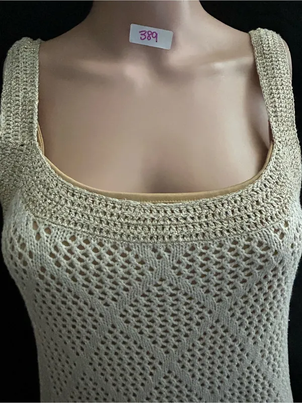 Venus Women’s 2 PC Sleeveless Crochet Knit Slip Dress Cream & Gold MD NWT - Image 7