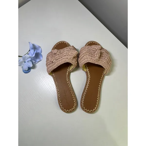 Tory‎ Burch Ruffled Raffia Slide Sandals Natural Woven Flat 135087 Size 7M w box - Image 2