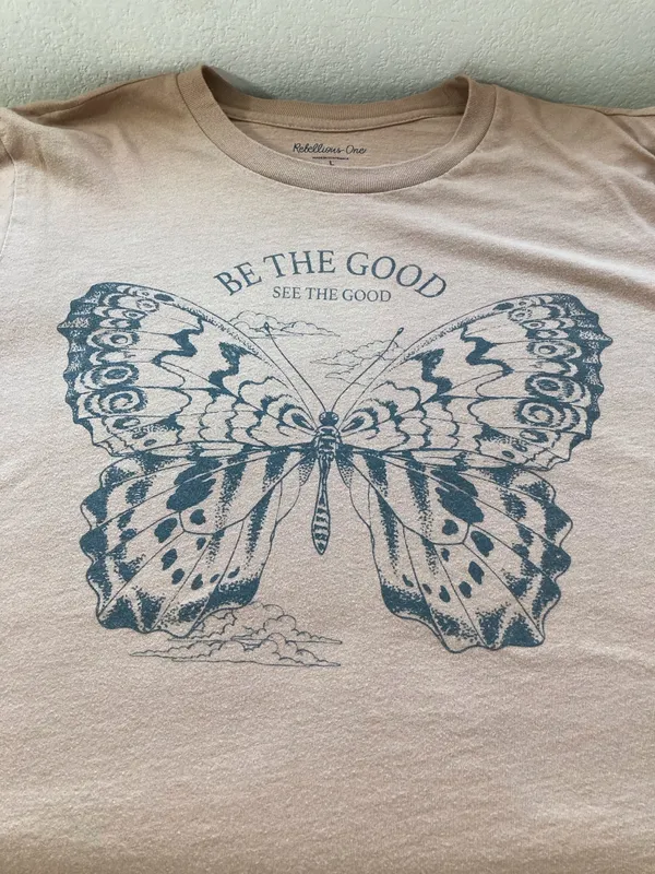 Rebellious One, Be the Good Butterfly Graphic Tee, Women's, Size L, Boho Relaxed, Tan - Image 7