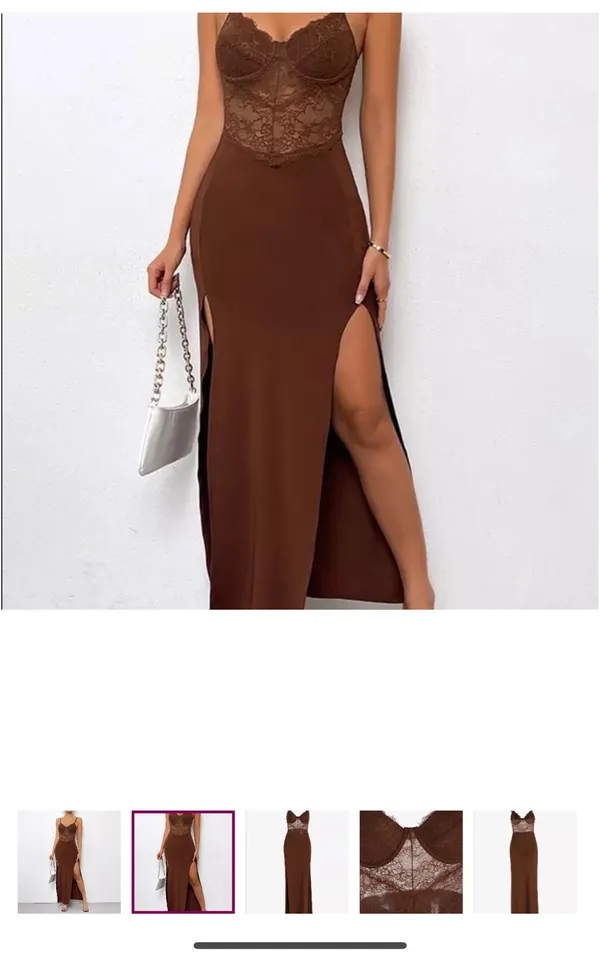 Mesh lace small long dress wedding brown vtg nwot slit deep - Image 3