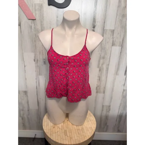 Abercrombie Kids Pink Floral Button-Front Cami Tank Top Size Medium M (Fits Wome - Image 2