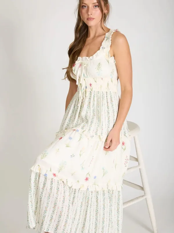 Floral Colorblock Ruffle Tiered Midi Dress Ivory Multi Medium NWT - Image 4