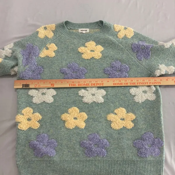 Adora Floral Knit Sweater Sage Green Purple Yellow 3D Flower Pullover L - Image 4