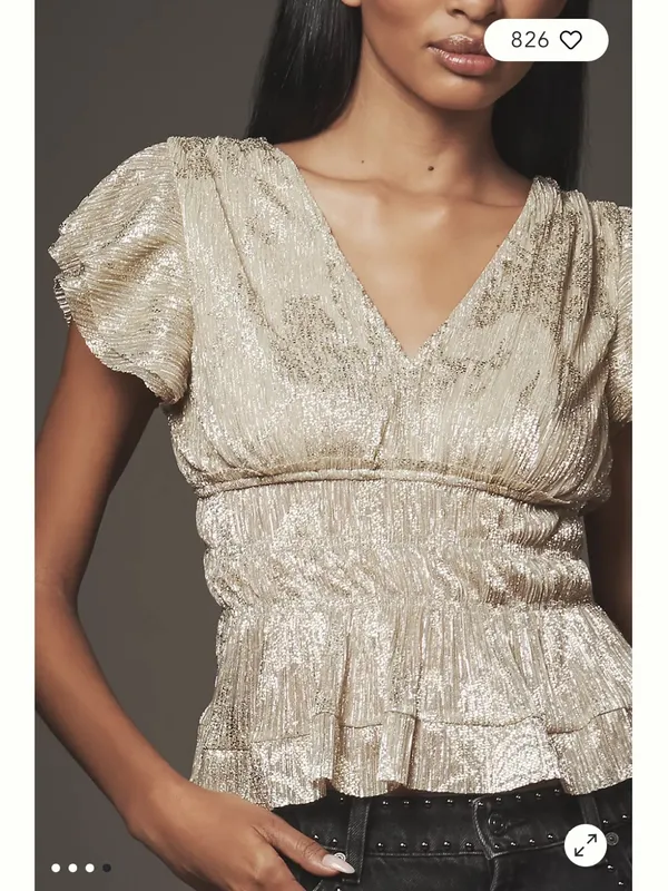 Anthropologie Smocked Metallic Gold Short-Sleeve Top - Image 6