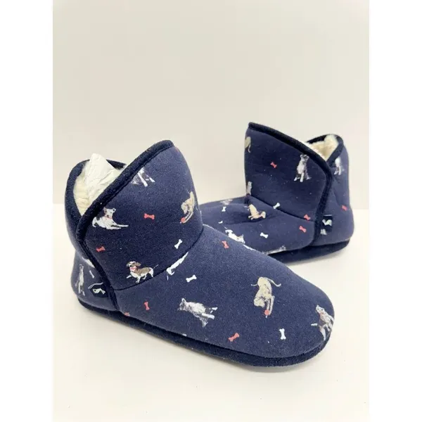 Joules Winter Cozy Slippers Size 6 US Blue Dog Print Faux Fur Pull On Style - Image 5