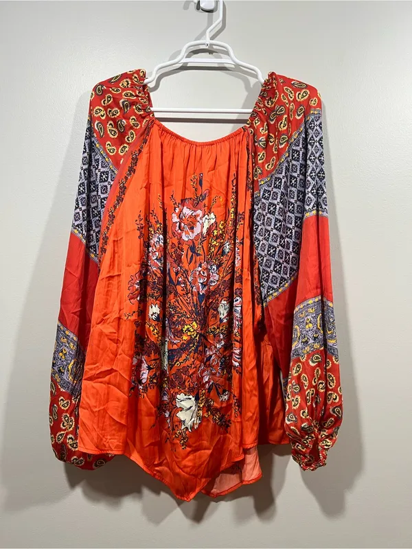 Free People Red Floral Asymmetrical Printed Blouse Medium - Image 7