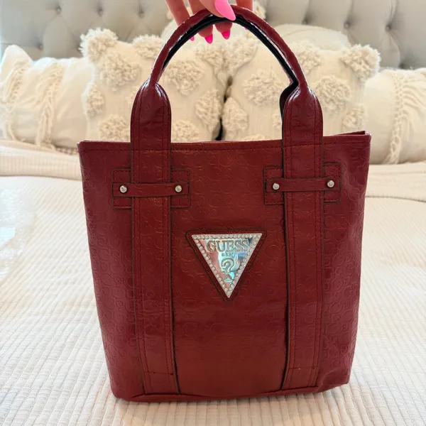 GUESS Y2K Burgundy Monogram Hand Bag Signature Silver Triangle Rhinestone Logo - Image 8