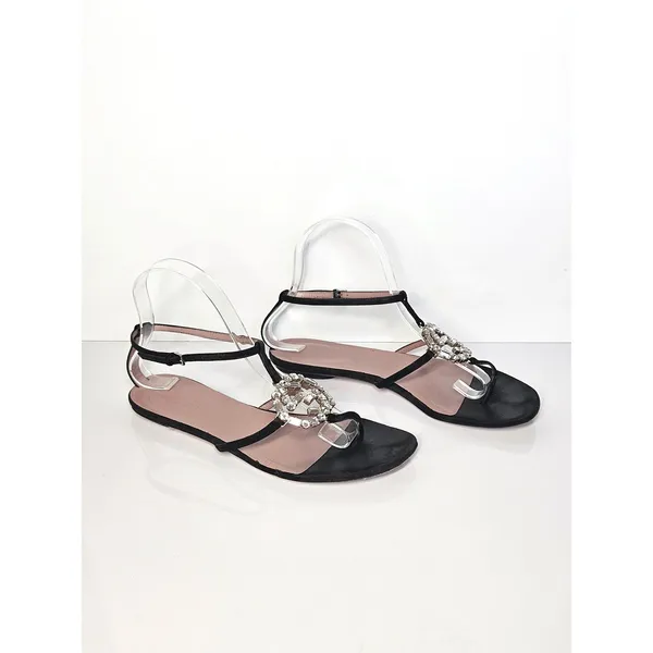 Gucci Black Suede Crystal Interlocking G T-Strap Flat Sandals Glam Size 37.5 - Image 2