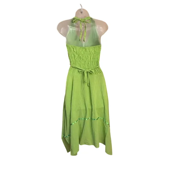 Boho Chic green crochet floral embroider halter cotton dress high low skirt sz S - Image 2
