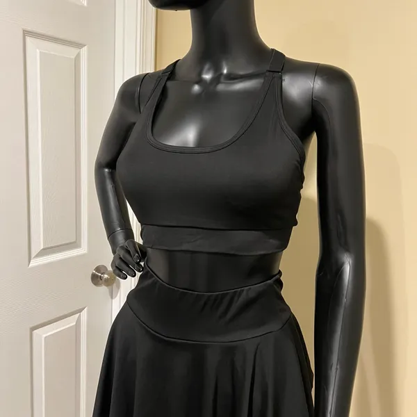 Two pieces Gym Set High Waist Mini Skort Built In Shorts Sport Bea Bustier Top - Image 3