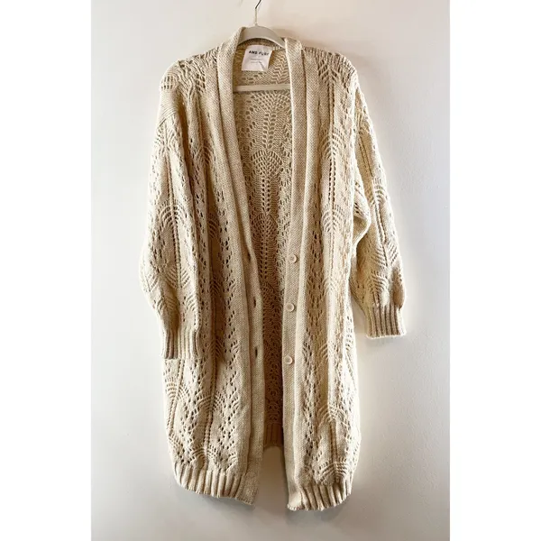 AMS Pure Long Sleeve Duster Maxi Wool Blend Cardigan Sweater Cream 6 - Image 2