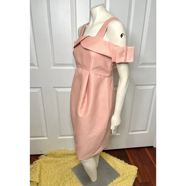 Maternity Blush Pink Off Shoulder Bardot Dress w/ Bow Detail on the Sleeve - Image 6