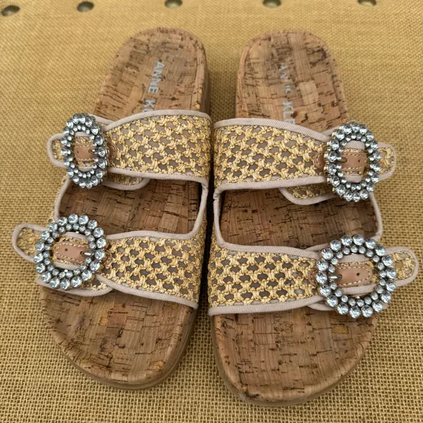 Anne Klein Hazel Tan Slide Sandals with Rhinestone Buckles 8.5 - Image 2