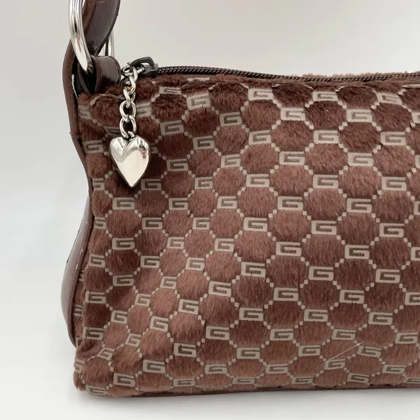 Vintage 90s Y2K Faux Fur Mini Bag Purse Chocolate Brown Printed Heart Charm Zip - Image 2