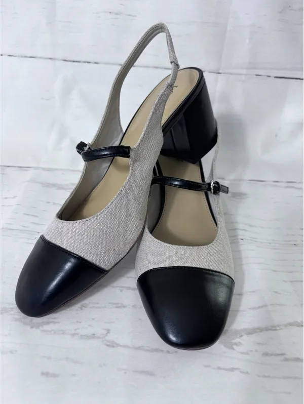 J. Crew Mary Jane Slingback Heels Cap Toe Block Heel Tweed Black Tan Sz 11 - Image 2