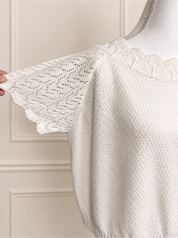 Vintage Ivory Pointelle Knit Flutter Sleeve Scalloped Sweater Top - Image 3