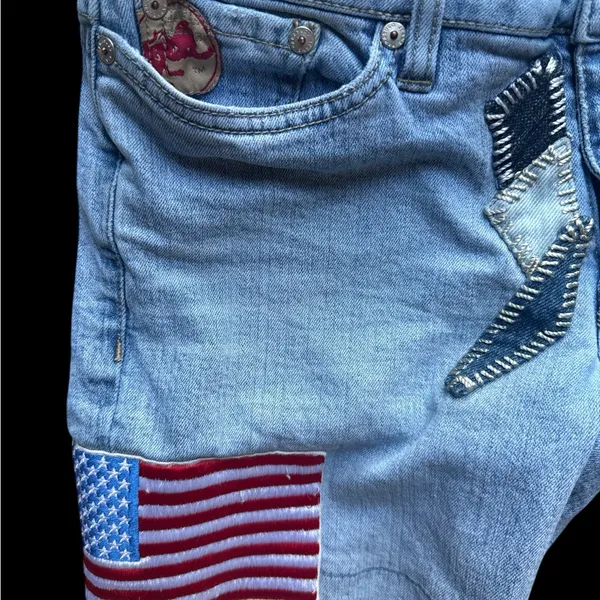y2k parasuco denim cult Light Blue Embellished usa flag Jeans 28x28 lowrise gems - Image 4
