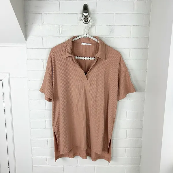 Jane + Delancey Neutral Ribbed Knit Collar Top Size S - Image 2