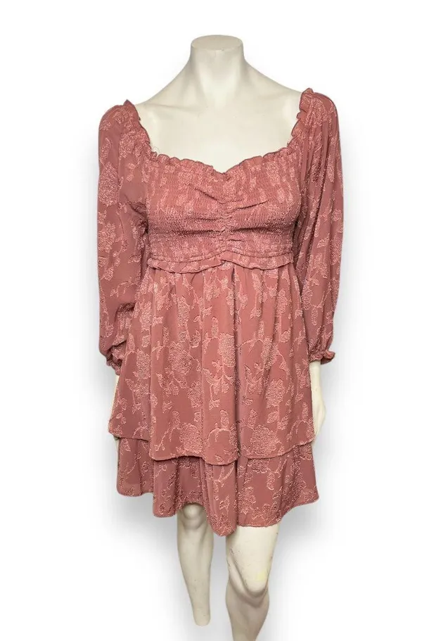 Pink Lily | Textured Floral Long Sleeve Cinched Bust Smocked Mini Tiered Dress L - Image 20