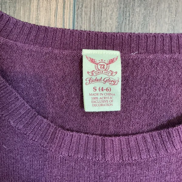 Faded Glory Boho Floral Embroidered Bell Sleeve Sweater Purple S 4-6 Knit Top - Image 4