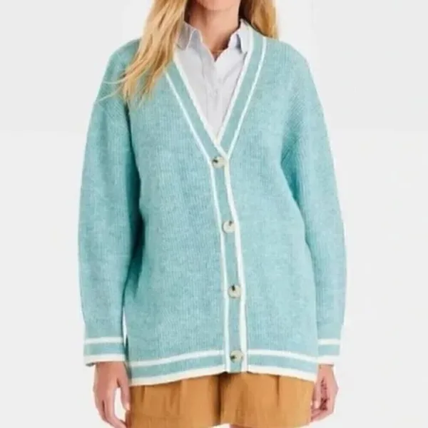 A NEW DAY Button Front Cardigan Light Blue White Varsity Stripe Preppy Sweater M - Image 3
