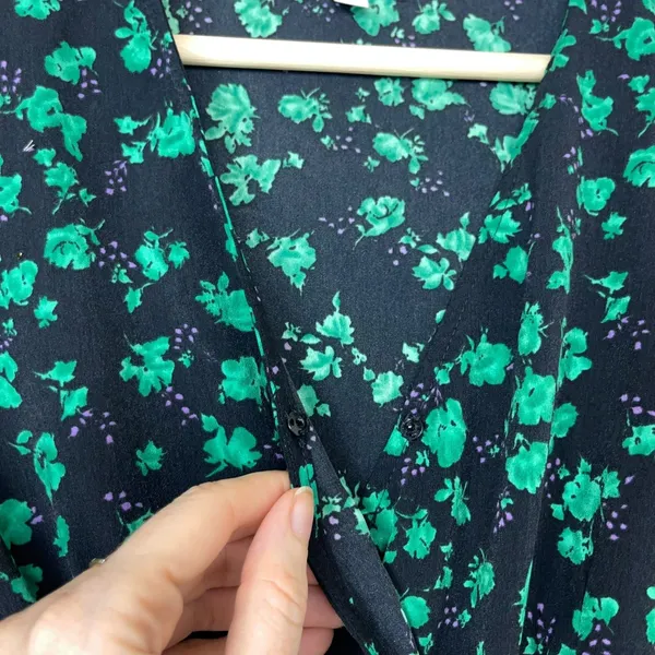 ASOS Subdued Emerald Leaf Floral Print Ruffle Tiered Flare Sleeve Dress - Image 8