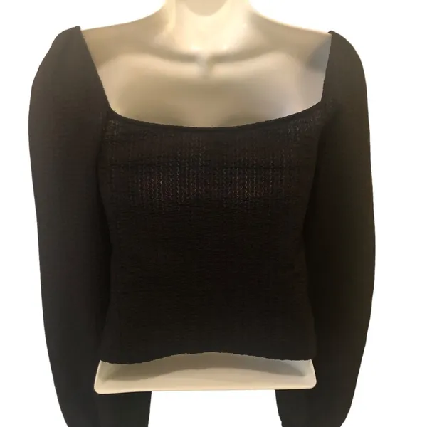 VTG Y2K Express Milkmaid Crop Top Stretch Gauze Long Sleeve Sexy Boho XS Black - Image 4