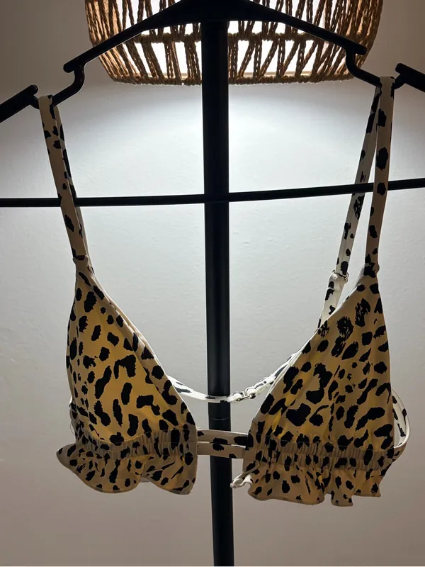 Leopard Print Ruffle swim top in Cream and Black - Image 3