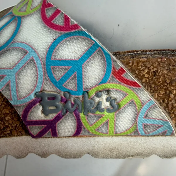 Birkenstock Birki's 36 US 5 Sandals Slide Peace Sign Print Criss Cross Straps - Image 4