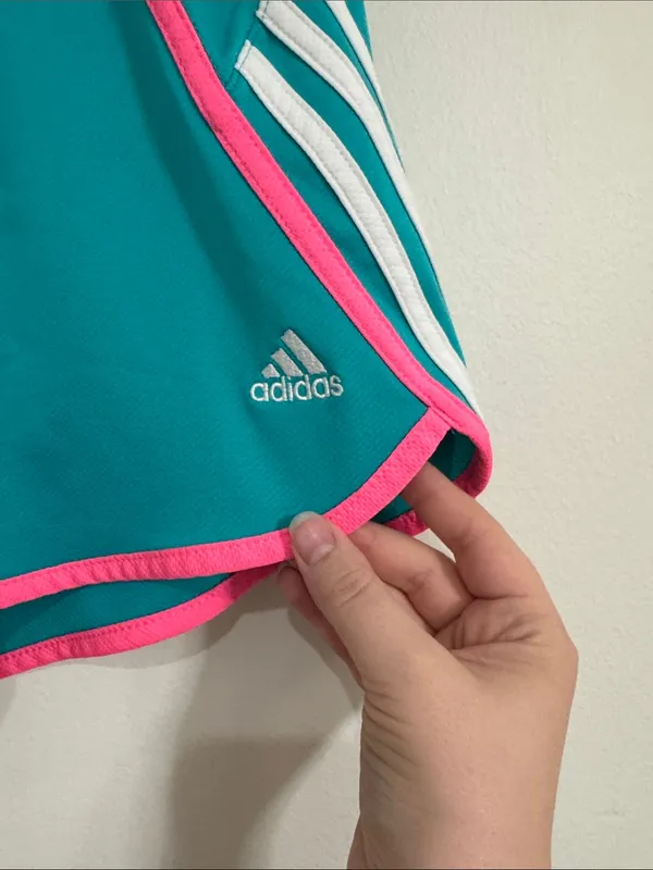Adidas Colorful Running Drawstring Shorts Teal Pink Trim Three White Stripes S - Image 3