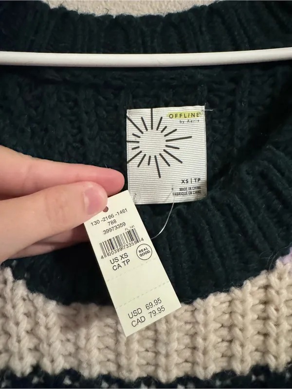 NWT AERIE Striped Crewneck Sweater in Black, Cream & Lavender - Image 2