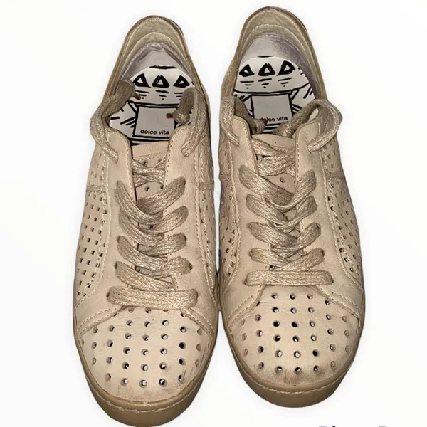 Dolce Vita Beige Perforated Leather Sneakers Calf Hair Heel Lace‎ Up - Image 3