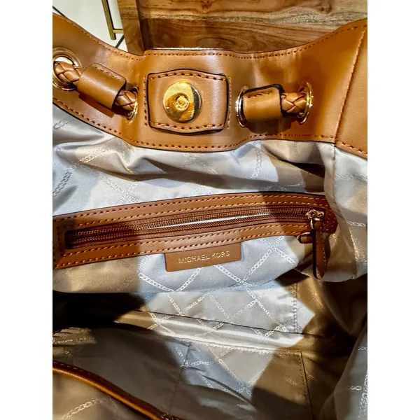 Michael Kors Montauk canvas shoulder bag cream fabric brown leather handles Y2K - Image 10