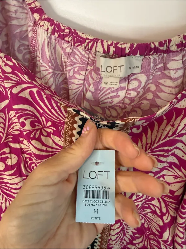 Loft Petites Pink Botanical Print Square Neck Puff Sleeve Blouse MP NWT - Image 3