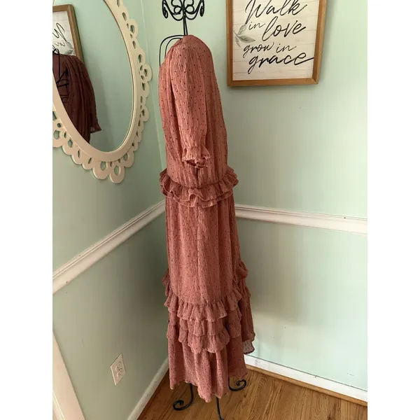 Lulu's Wedding Boho Hippie Western‎ Rust Textured Short Sleeve Midi Dress - Image 5