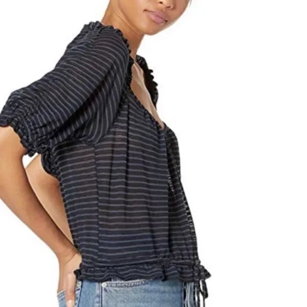 Free People Dorothy Cropped Top Peasant Style Black Blue Navy Stripe Size XS - Image 2