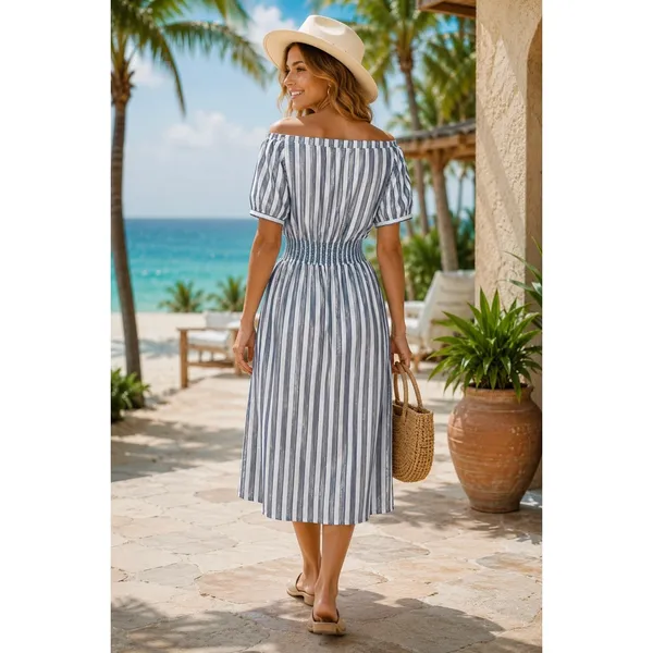 Anthropologie SEEN WORN KEPT Jenna Lurex Stripe Dress Blue White‎ Midi Size 12 - Image 8
