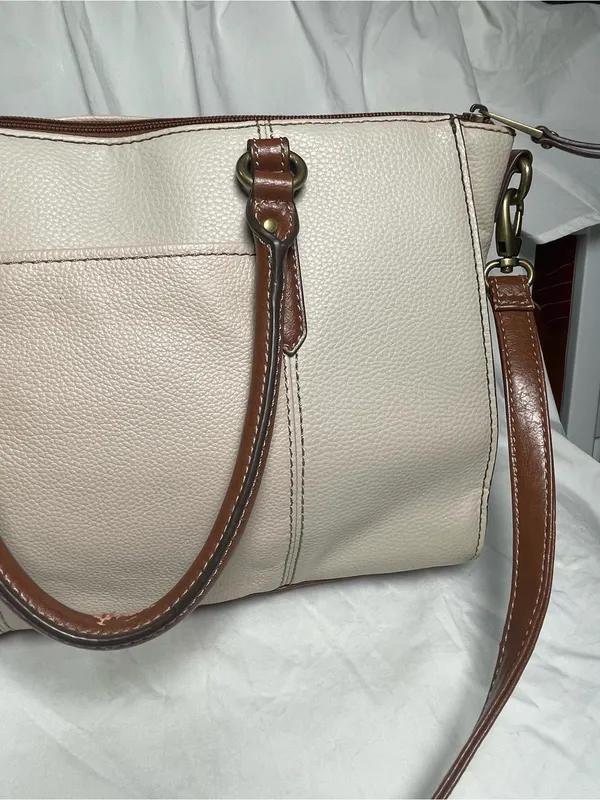 Tignanello Purse two-tone leather handbag Cream and Tan Satchel Shoulder Bag - Image 4