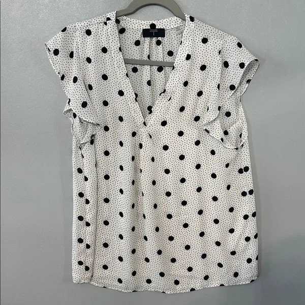 Tahari Women Blouse Polka Dot Flutter Sleeve White Black Large - Image 2