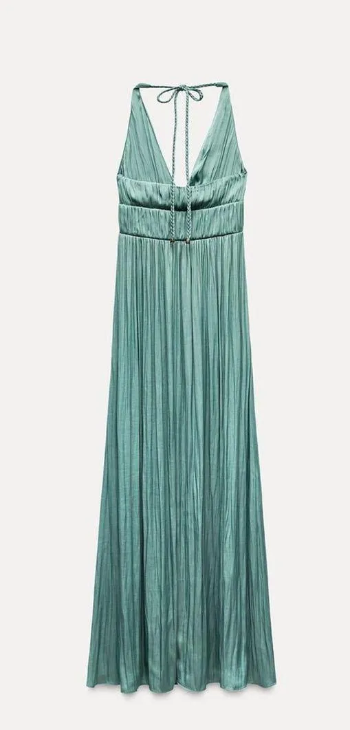 Zara maxi dress boho pleated Teal Evening Gown wedding party cocktail - Image 15
