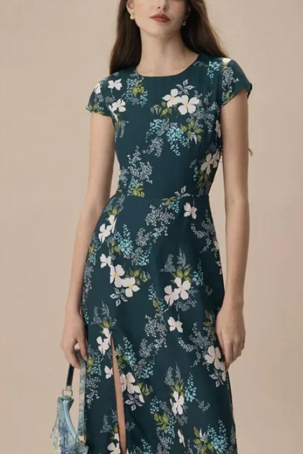RIHOAS The Green Round Neck Cutout Floral Midi Dress - Image 3
