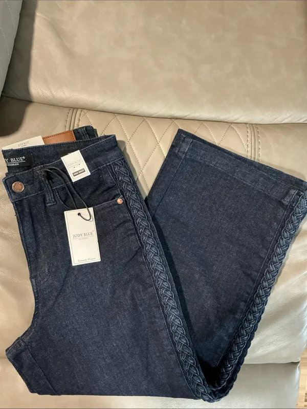 Judy Blue Dark Blue Braided Trim Wide Leg Jeans - Image 2