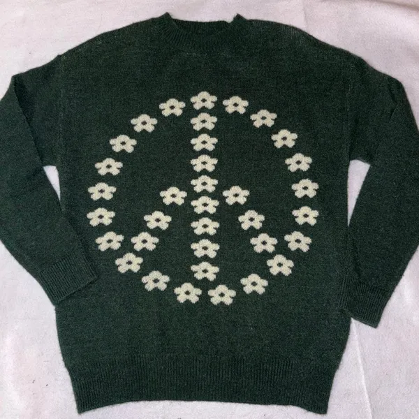 Witty Fox Green Peace Sign Floral Knit Sweater Young Contemporary Size‎ S - Image 6