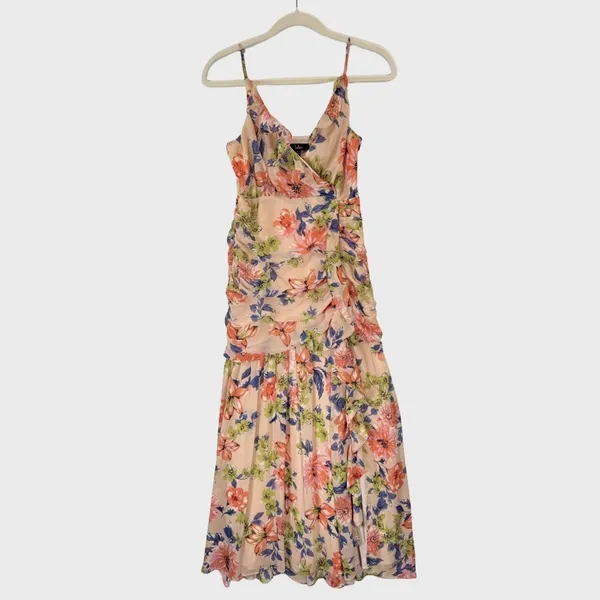 Lulus Dress Blush Pink Stunning Soiree Floral Ruched Midi V Neck Chiffon Small - Image 2